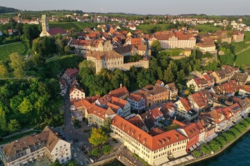 Fototapeta na wymiar Aerial drone shot of Meersburg and the famous Meersburg Castle at Lake Constance, Germany