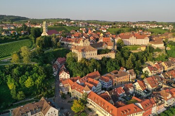 Aerial drone shot of Meersburg and the famous Meersburg Castle at Lake Constance, Germany