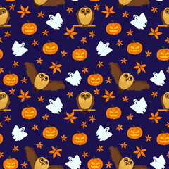halloween vector pattern with owls, ghosts and pumpkins on a dark background