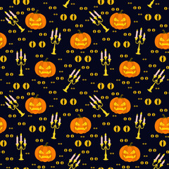 vector pattern on the theme of Halloween with pumpkins, candelabra and glowing eyes in the dark on a dark background