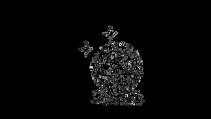 3d rendering mechanical parts in shape of symbol of magic ball isolated on black background