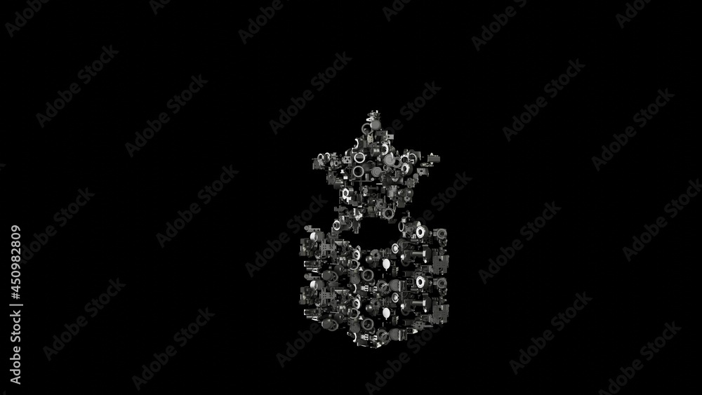 Poster 3d rendering mechanical parts in shape of symbol of military rank isolated on black background