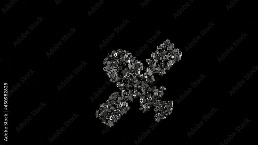Poster 3d rendering mechanical parts in shape of symbol of modern satellite isolated on black background