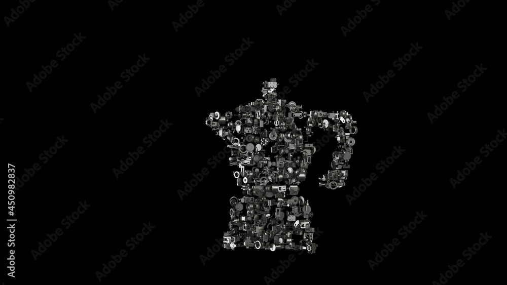 Poster 3d rendering mechanical parts in shape of symbol of moka coffee maker isolated on black background