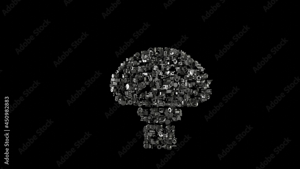 Poster 3d rendering mechanical parts in shape of symbol of mushroom isolated on black background