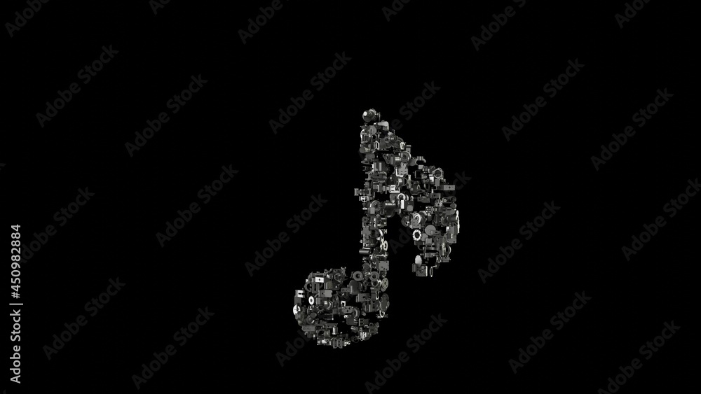 Poster 3d rendering mechanical parts in shape of symbol of musical note isolated on black background
