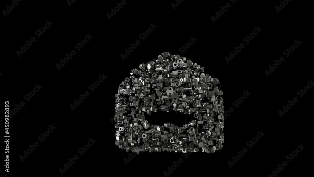 Poster 3d rendering mechanical parts in shape of symbol of mustache wax isolated on black background
