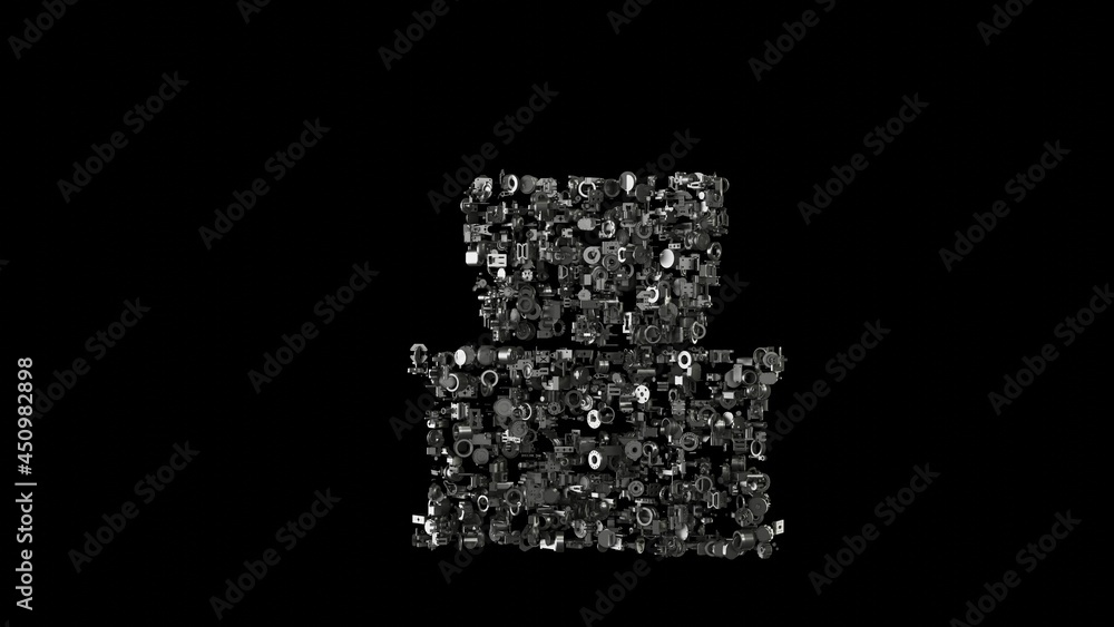 Poster 3d rendering mechanical parts in shape of symbol of napkin isolated on black background