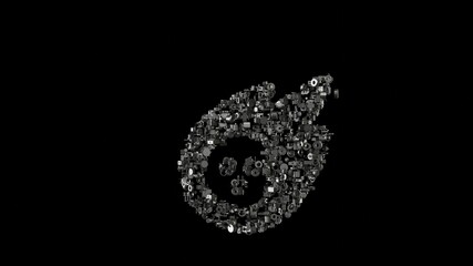 3d rendering mechanical parts in shape of symbol of meteorite isolated on black background