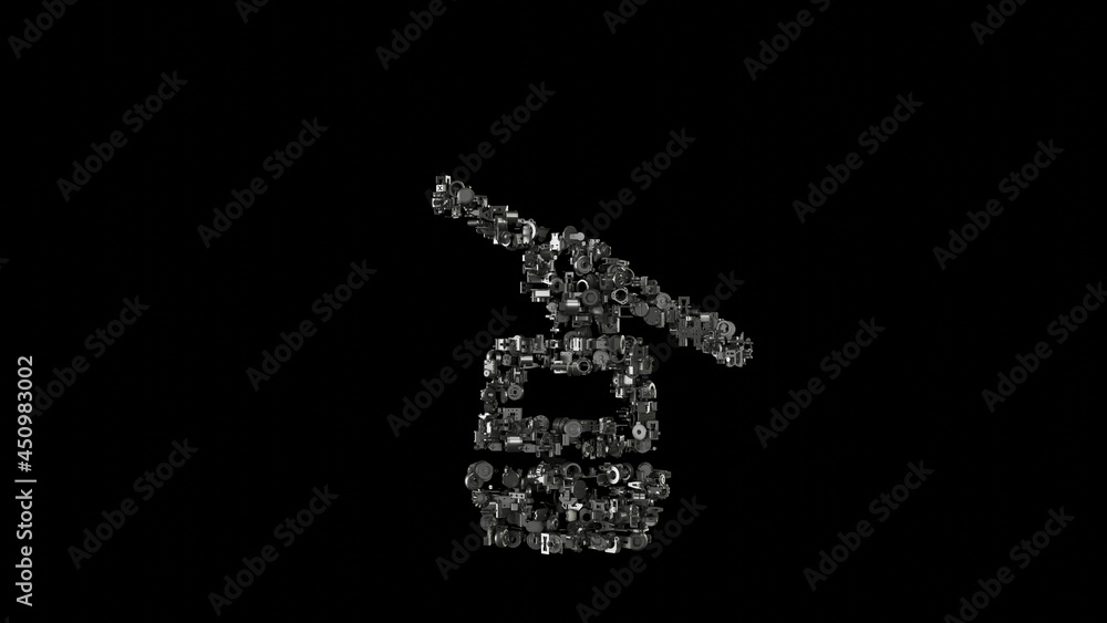Poster 3d rendering mechanical parts in shape of symbol of overhead cable car isolated on black background