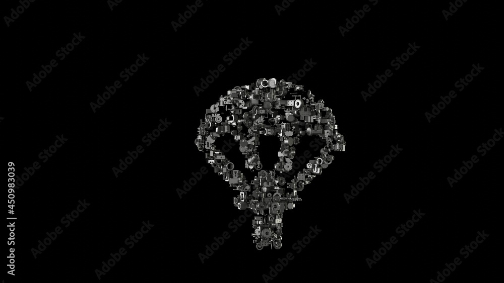 Poster 3d rendering mechanical parts in shape of symbol of parachute isolated on black background