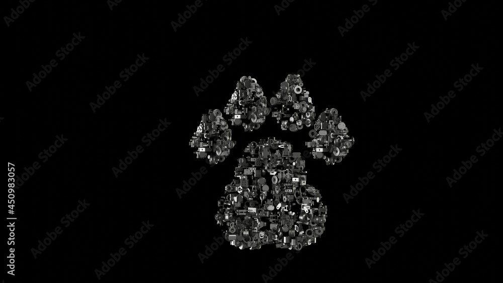 Poster 3d rendering mechanical parts in shape of symbol of paw isolated on black background