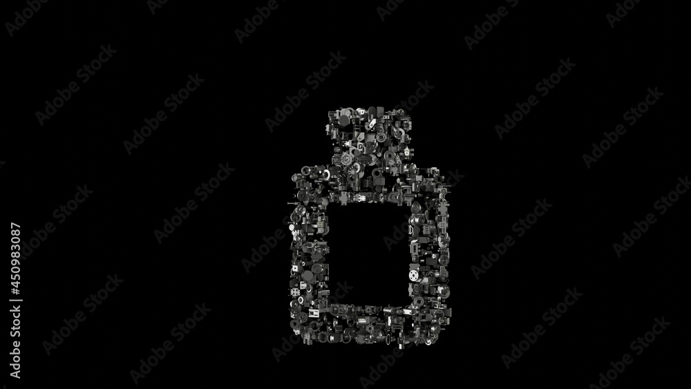 Poster 3d rendering mechanical parts in shape of symbol of perfume isolated on black background