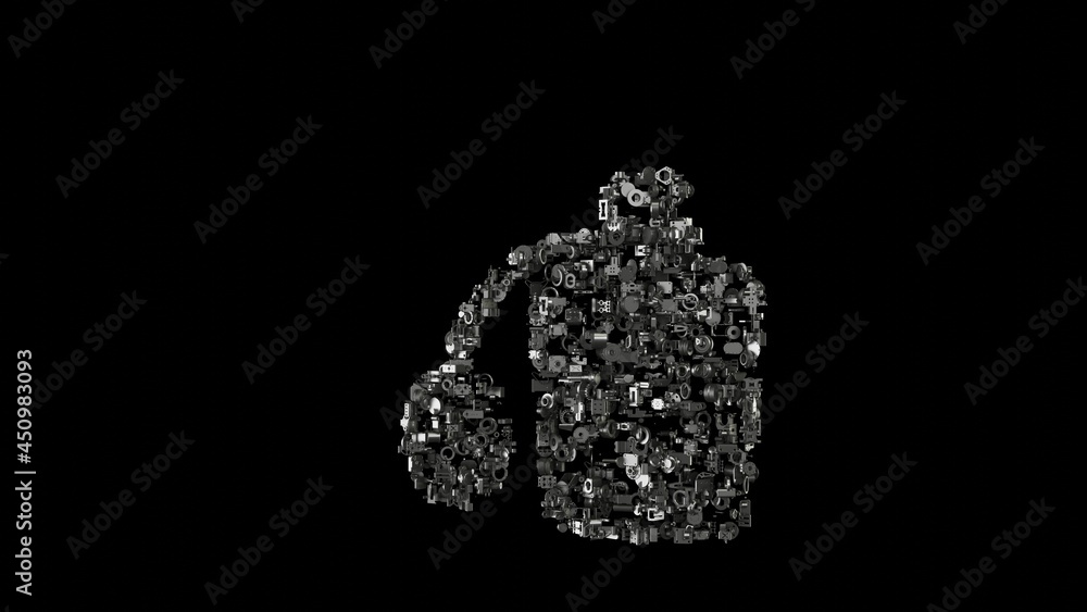 Poster 3d rendering mechanical parts in shape of symbol of perfume isolated on black background