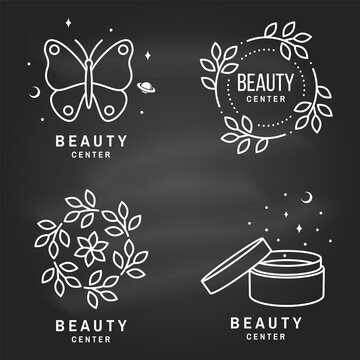 Set of Beauty center emblem with butterfly, cosmetic cream, flowers. Beauty center label, badge, sign for cosmetics, jewellery, beauty. Linear trendy style Vector