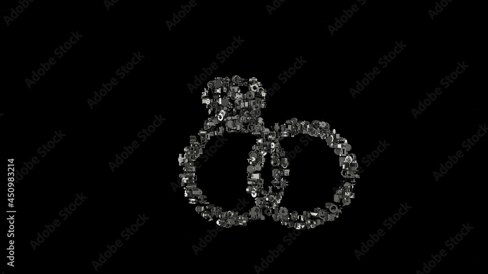 Poster 3d rendering mechanical parts in shape of symbol of proposal rings isolated on black background