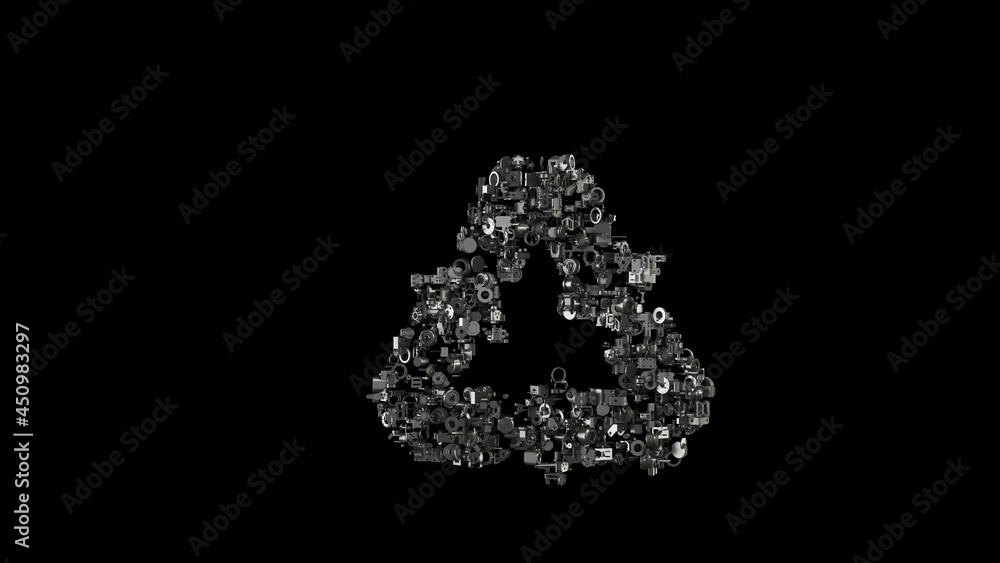 Poster 3d rendering mechanical parts in shape of symbol of renewable energy isolated on black background