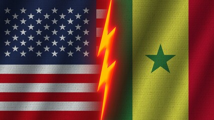 Senegal and United States of America Flags Together, Wavy Fabric Texture Effect, Neon Glow Effect, Shining Thunder Icon, Crisis Concept, 3D Illustration