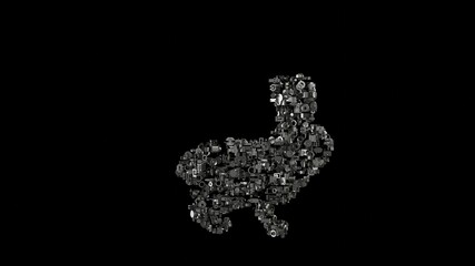 3d rendering mechanical parts in shape of symbol of rabbit isolated on black background