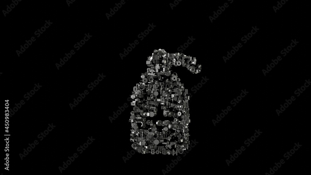 Poster 3d rendering mechanical parts in shape of symbol of sanitizer gel isolated on black background