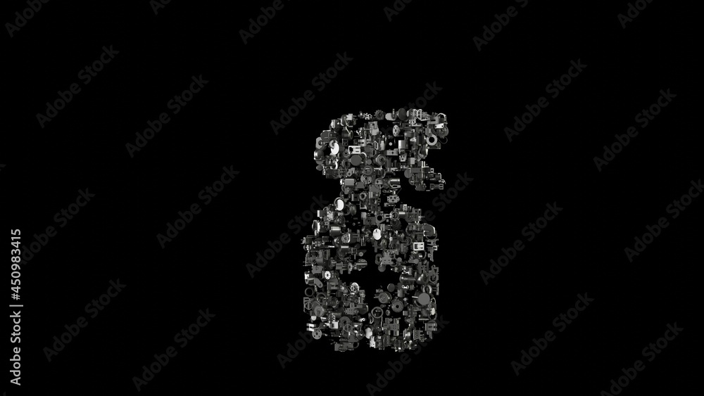 Poster 3d rendering mechanical parts in shape of symbol of sanitizer spray isolated on black background