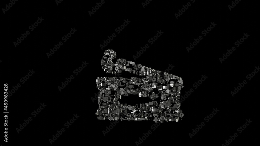 Poster 3d rendering mechanical parts in shape of symbol of sardelle isolated on black background