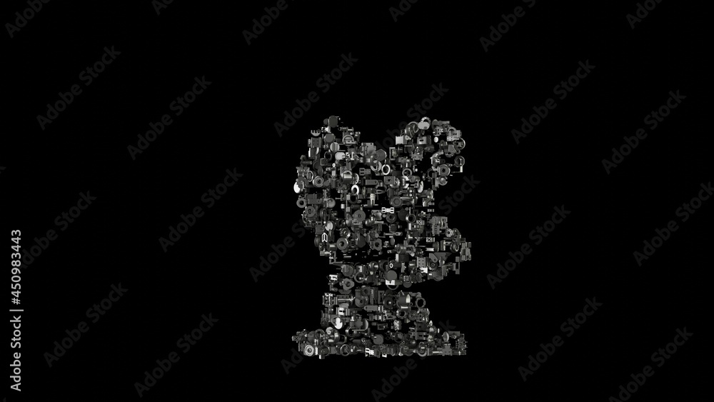 Poster 3d rendering mechanical parts in shape of symbol of satellite dish isolated on black background