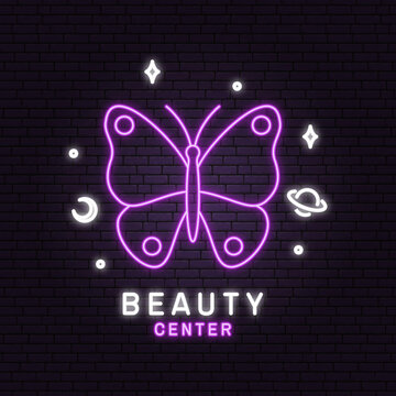 Neon sign. Beauty center with butterfly for logo, label, badge, sign, emblem Set for cosmetics, jewellery, beauty and handmade products, tattoo studios. Linear trendy style. Vector illustration.