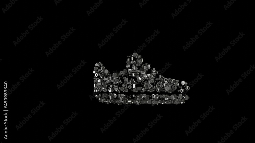 Poster 3d rendering mechanical parts in shape of symbol of sneaker shoe isolated on black background