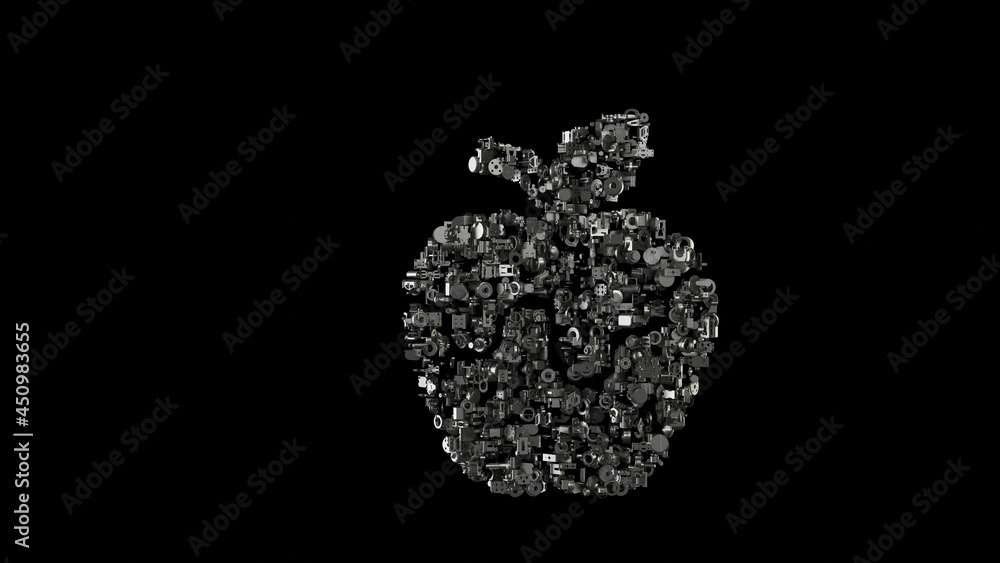 Poster 3d rendering mechanical parts in shape of symbol of snow white apple isolated on black background