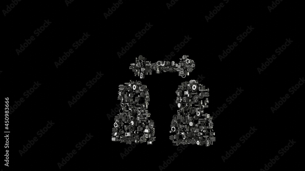 Poster 3d rendering mechanical parts in shape of symbol of social distance isolated on black background