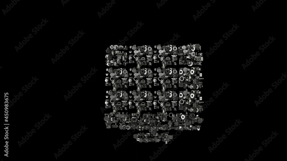 Poster 3d rendering mechanical parts in shape of symbol of solar energy isolated on black background