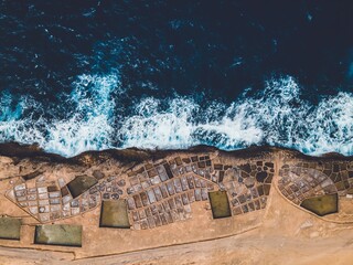 Drone views of salt pans in Gozo, Malta