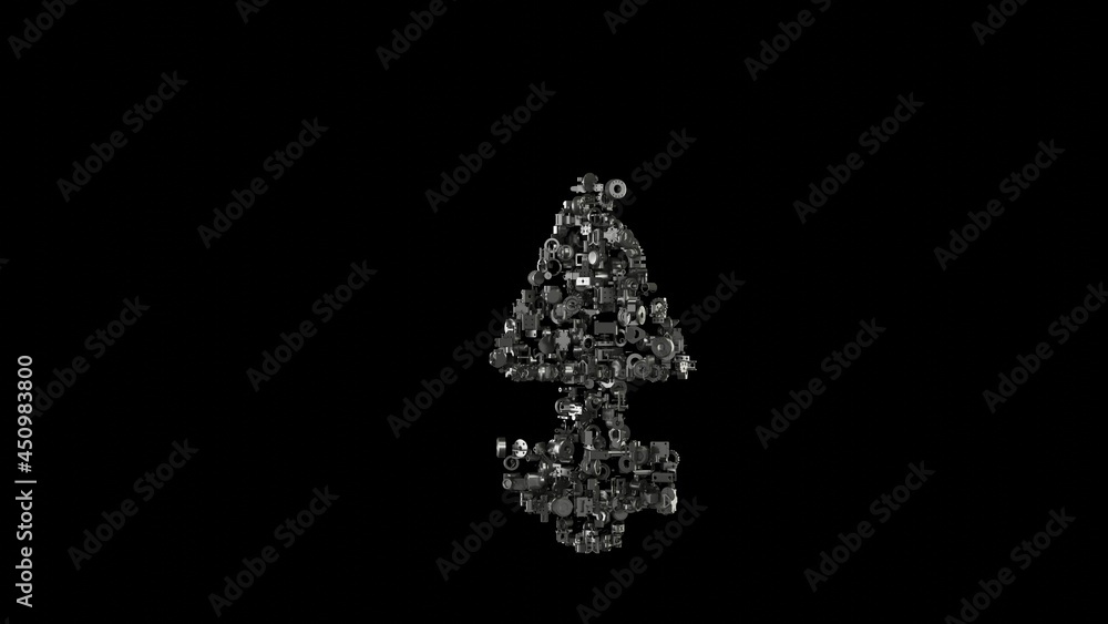 Poster 3d rendering mechanical parts in shape of symbol of sulphur symbol isolated on black background