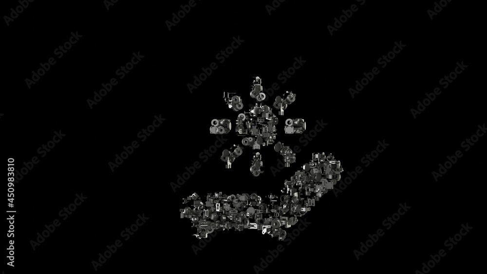 Poster 3d rendering mechanical parts in shape of symbol of sunbed isolated on black background