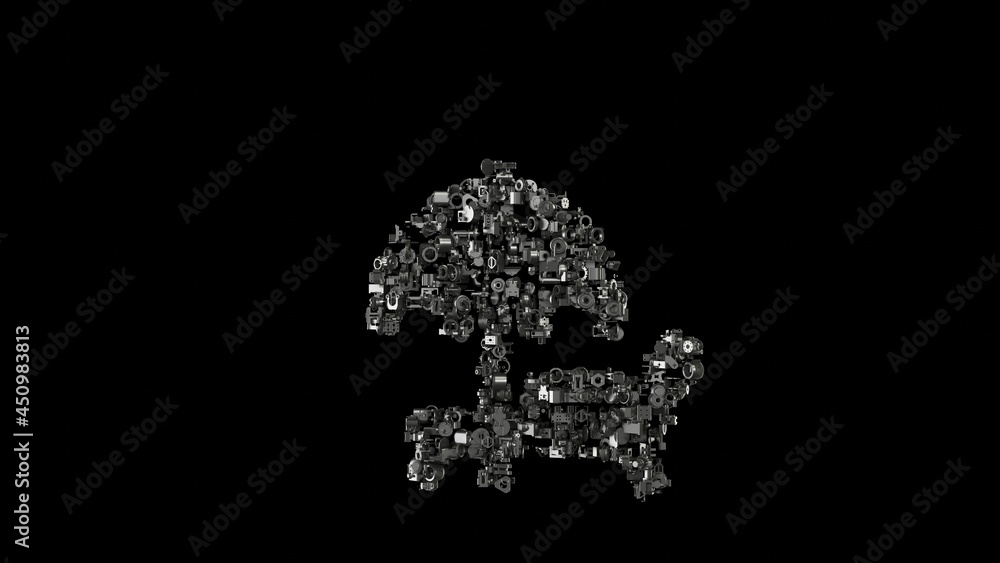 Poster 3d rendering mechanical parts in shape of symbol of sunbed isolated on black background