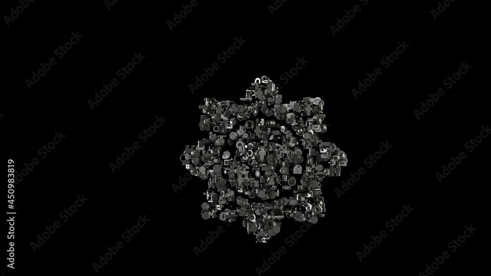 Poster 3d rendering mechanical parts in shape of symbol of sunflower isolated on black background