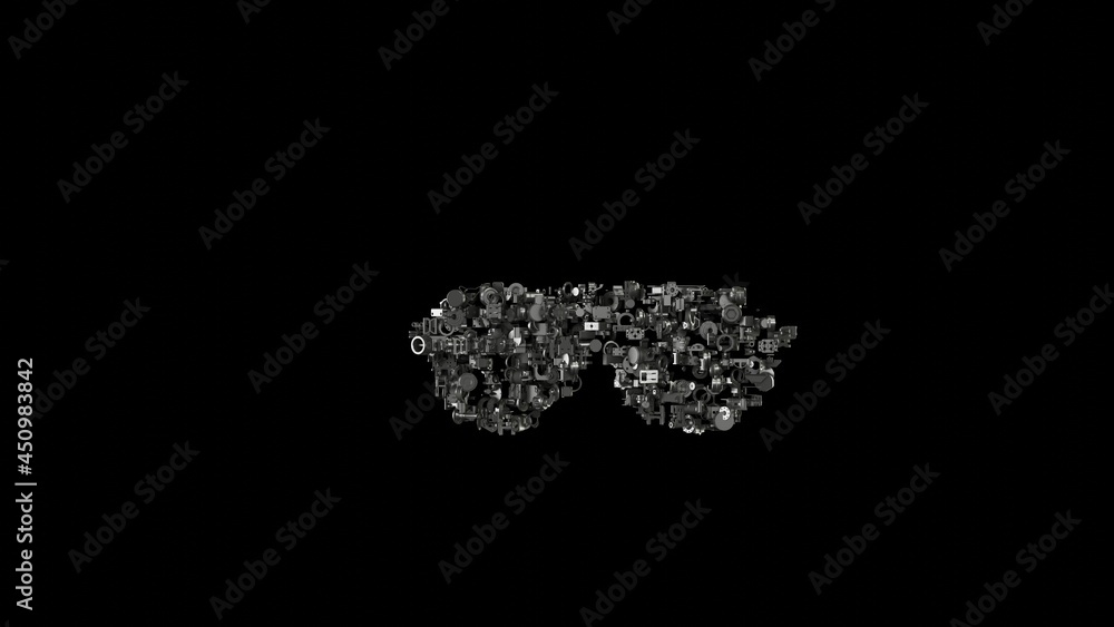 Poster 3d rendering mechanical parts in shape of symbol of sunglasses isolated on black background