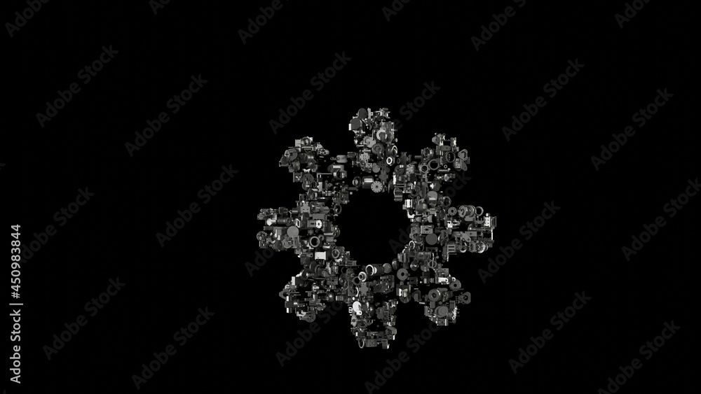 Poster 3d rendering mechanical parts in shape of symbol of sun symbol isolated on black background