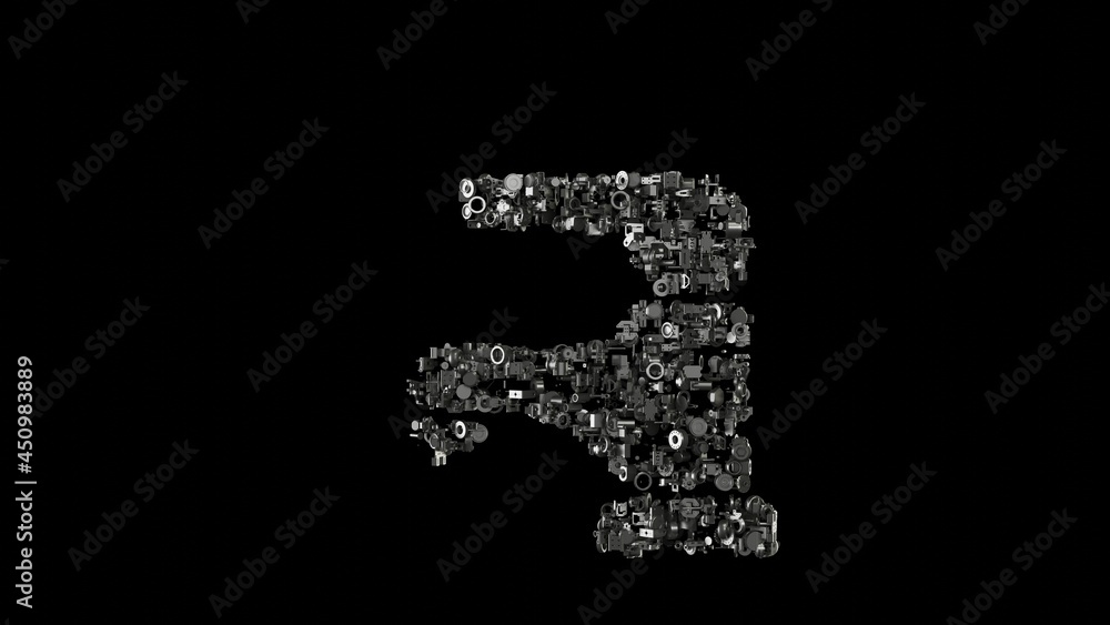 Poster 3d rendering mechanical parts in shape of symbol of tap isolated on black background