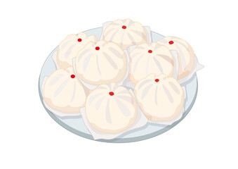 steamed stuff bun in the plate or chinese new year's cake or year cake, steamed stuff bun,dim sum is a food prepared from glutinous rice and consumed in chinese cuisine. on white background vector ill