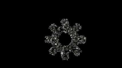 3d rendering mechanical parts in shape of symbol of sun symbol isolated on black background