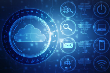 2d illustration of Cloud computing, Digital Cloud computing Concept background. Cyber technology, internet data storage, database and data server concept