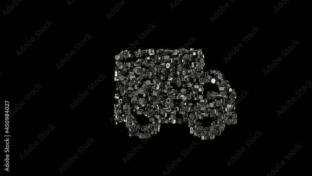 Poster 3d rendering mechanical parts in shape of symbol of truck isolated on black background
