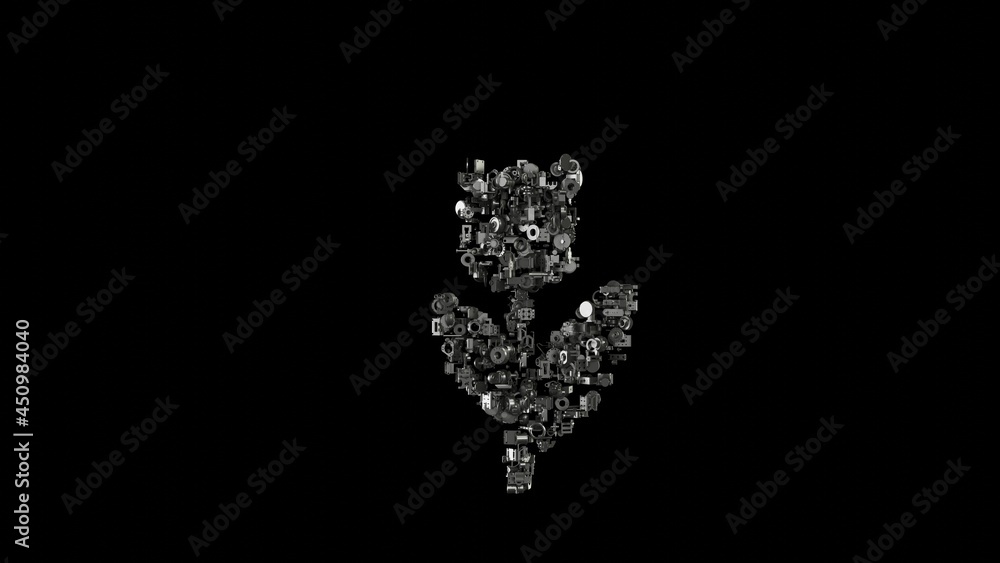 Poster 3d rendering mechanical parts in shape of symbol of tulip isolated on black background
