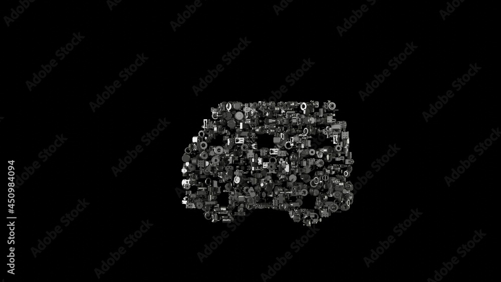 Poster 3d rendering mechanical parts in shape of symbol of van isolated on black background