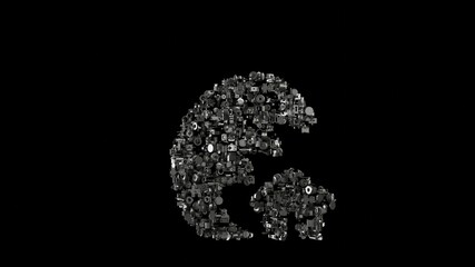 3d rendering mechanical parts in shape of symbol of tsunami isolated on black background