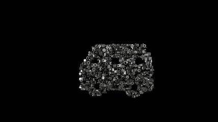 3d rendering mechanical parts in shape of symbol of van isolated on black background