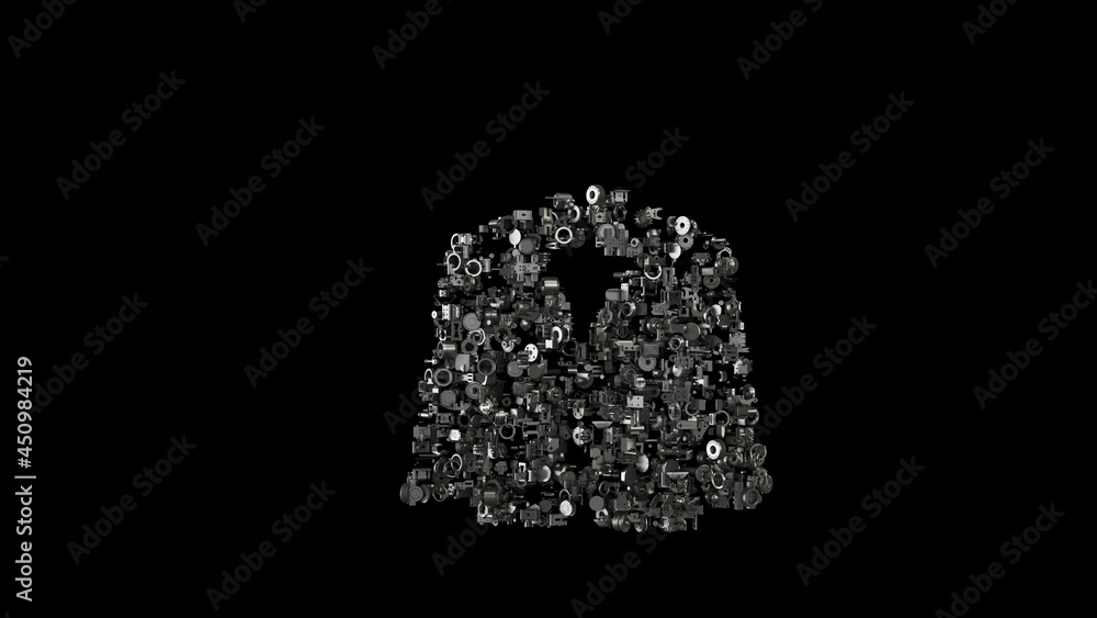Poster 3d rendering mechanical parts in shape of symbol of wedding suit isolated on black background