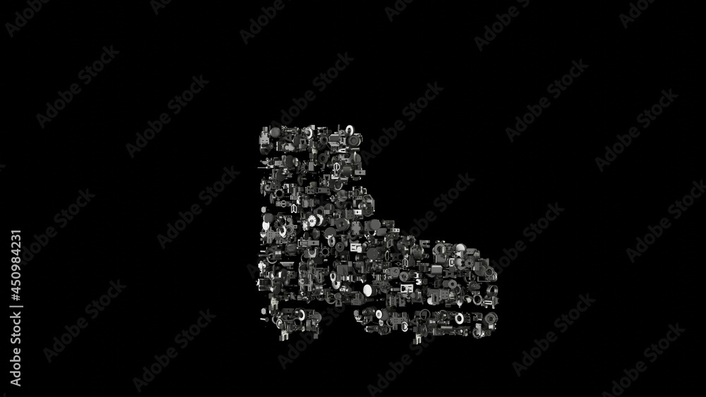 Poster 3d rendering mechanical parts in shape of symbol of winter shoe isolated on black background